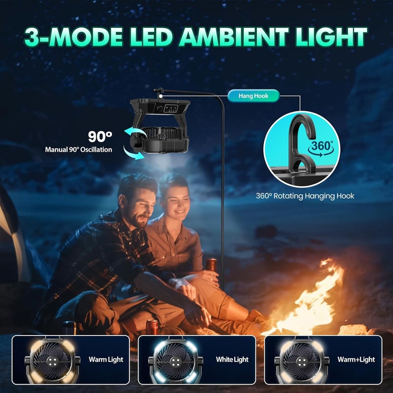 Wilody Misting Fan Portable Camping Fan 42800mAh Rechargeable with Remote Control, 3 LED Light & Stepless Speed Control & Cooling Spray with 6L Bucket, Timer Function, Portable Handle, Rotating Hanging Hook - Image 4